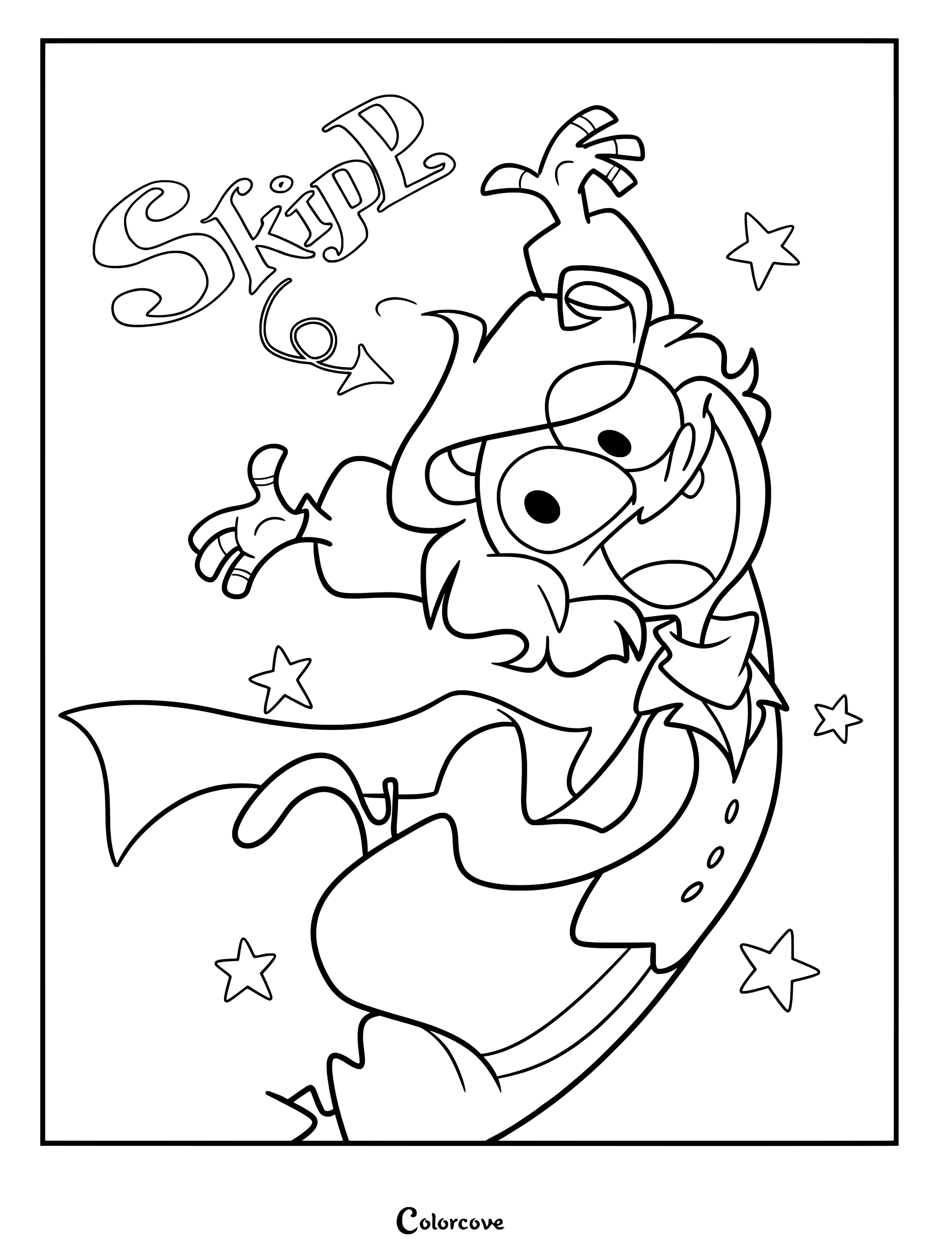 Skipp from Ramshackle in a dynamic pose with stars, a simple coloring page featuring the character's name.