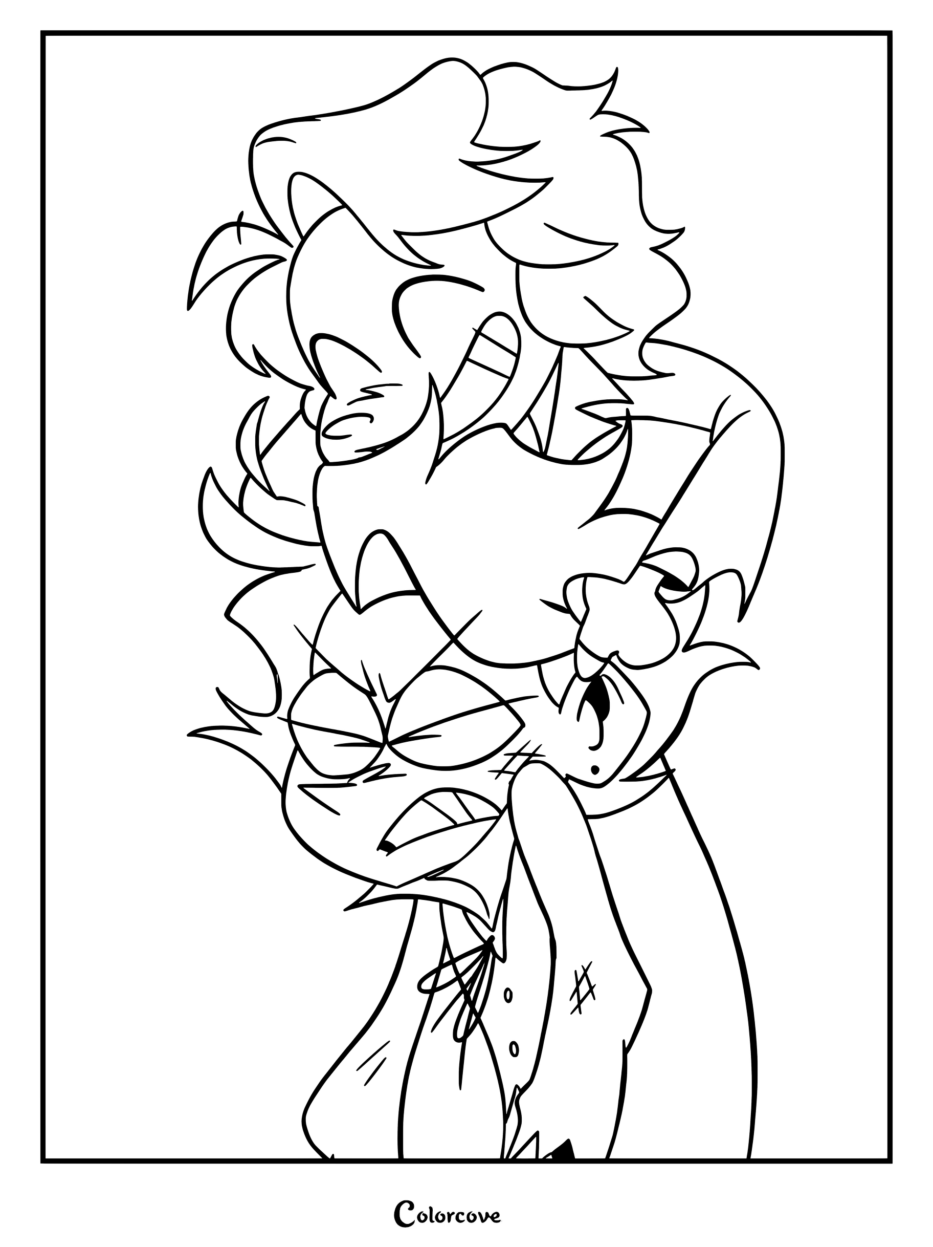 Skipp and Stone from Ramshackle in a medium difficulty coloring page featuring Stone giving Skipp a piggyback ride.