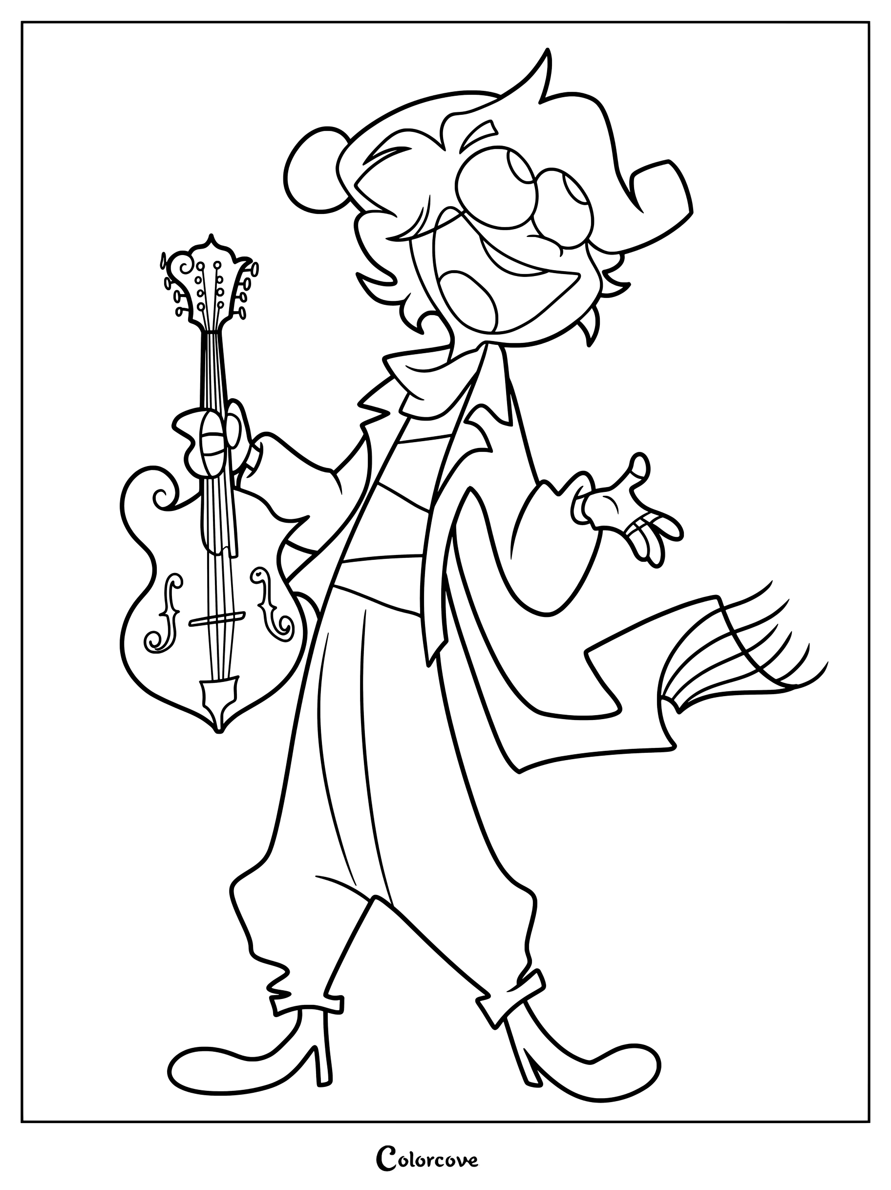 Skipp from Ramshackle holding a stringed instrument in this simple, clean-lined printable coloring page.