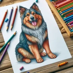 Dog coloring page with colored pencils and drawing supplies on wooden table. Ideal for kids' coloring activities.