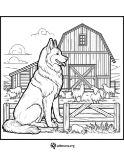a dog sitting in front of a barn