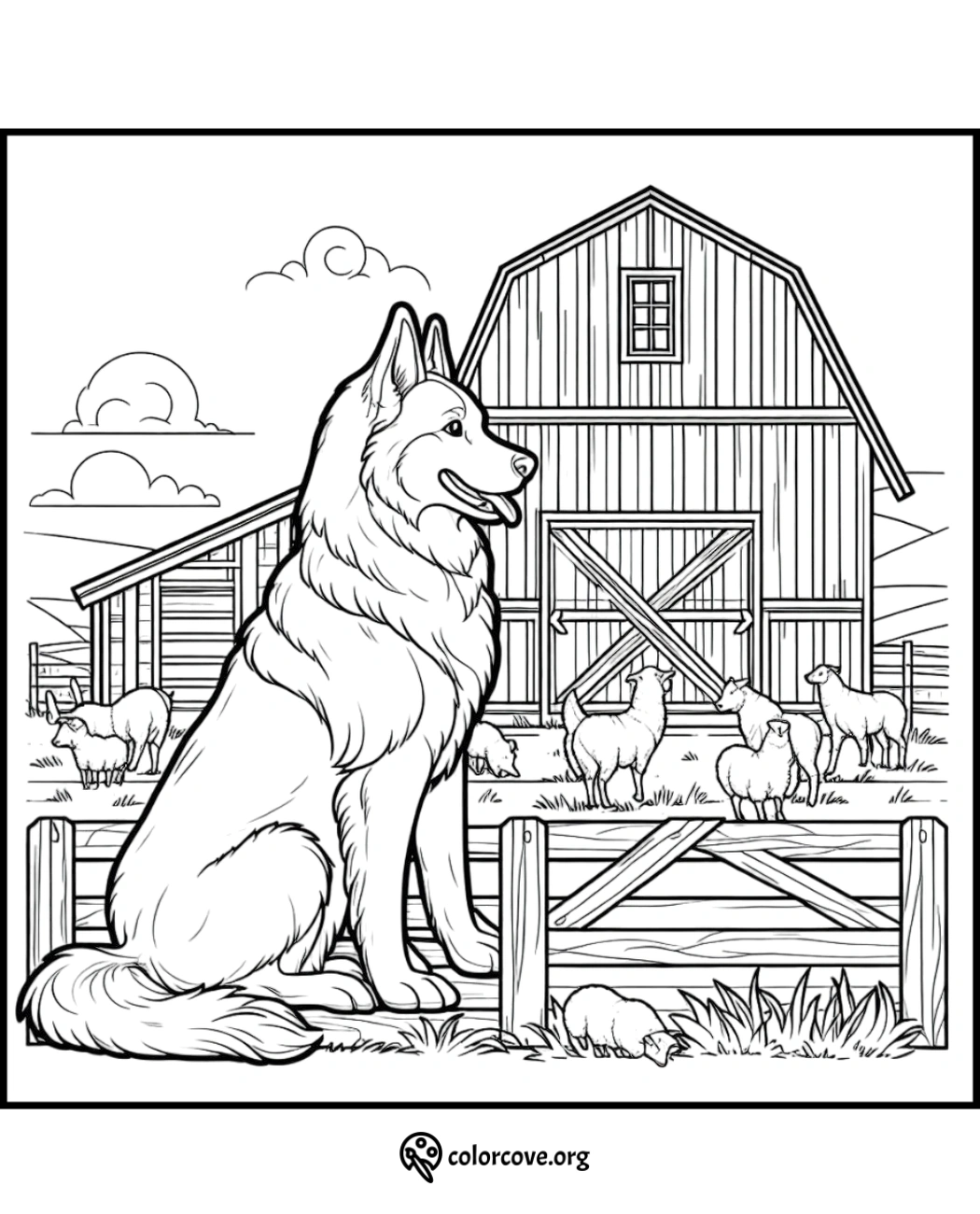 a dog sitting in front of a barn