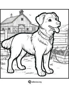a dog standing in front of a barn