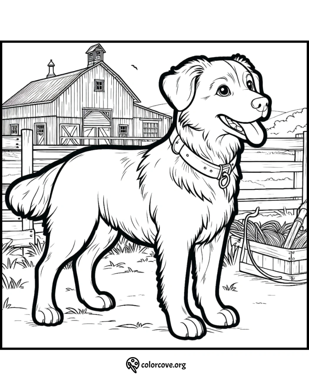 a dog standing in front of a barn