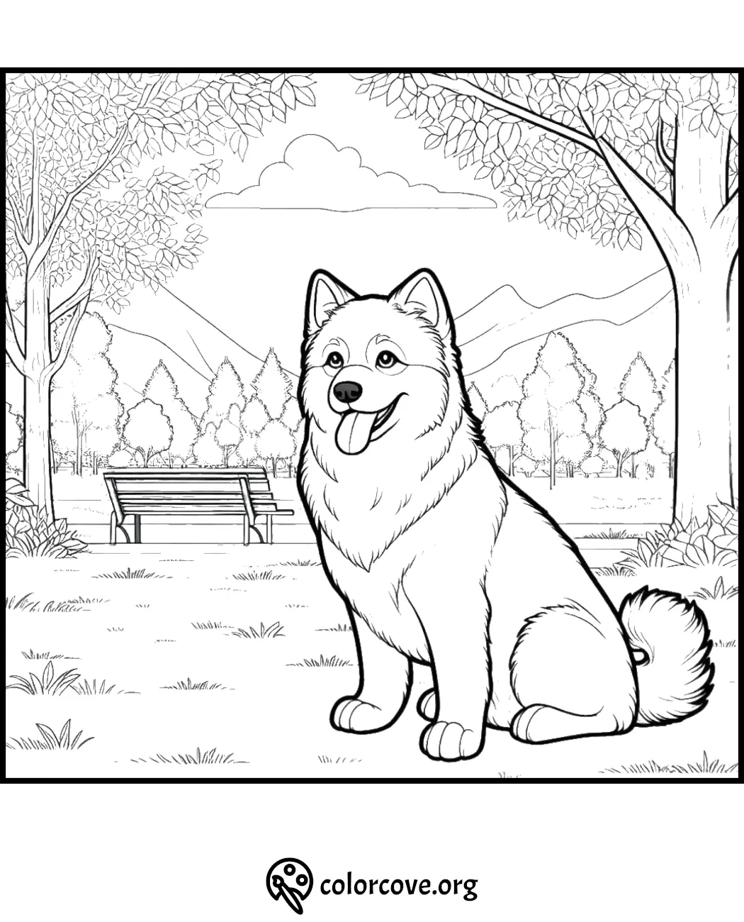 Happy dog in park coloring page. Download and print free coloring sheets at colorcove.org.