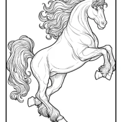 Majestic horse rearing coloring page with flowing mane, detailed line art, perfect for kids and adults to color.