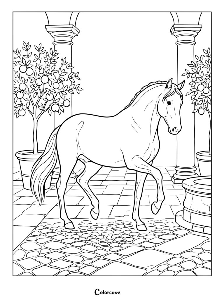 A realistic horse in a classic courtyard with potted citrus trees and columns for coloring page.