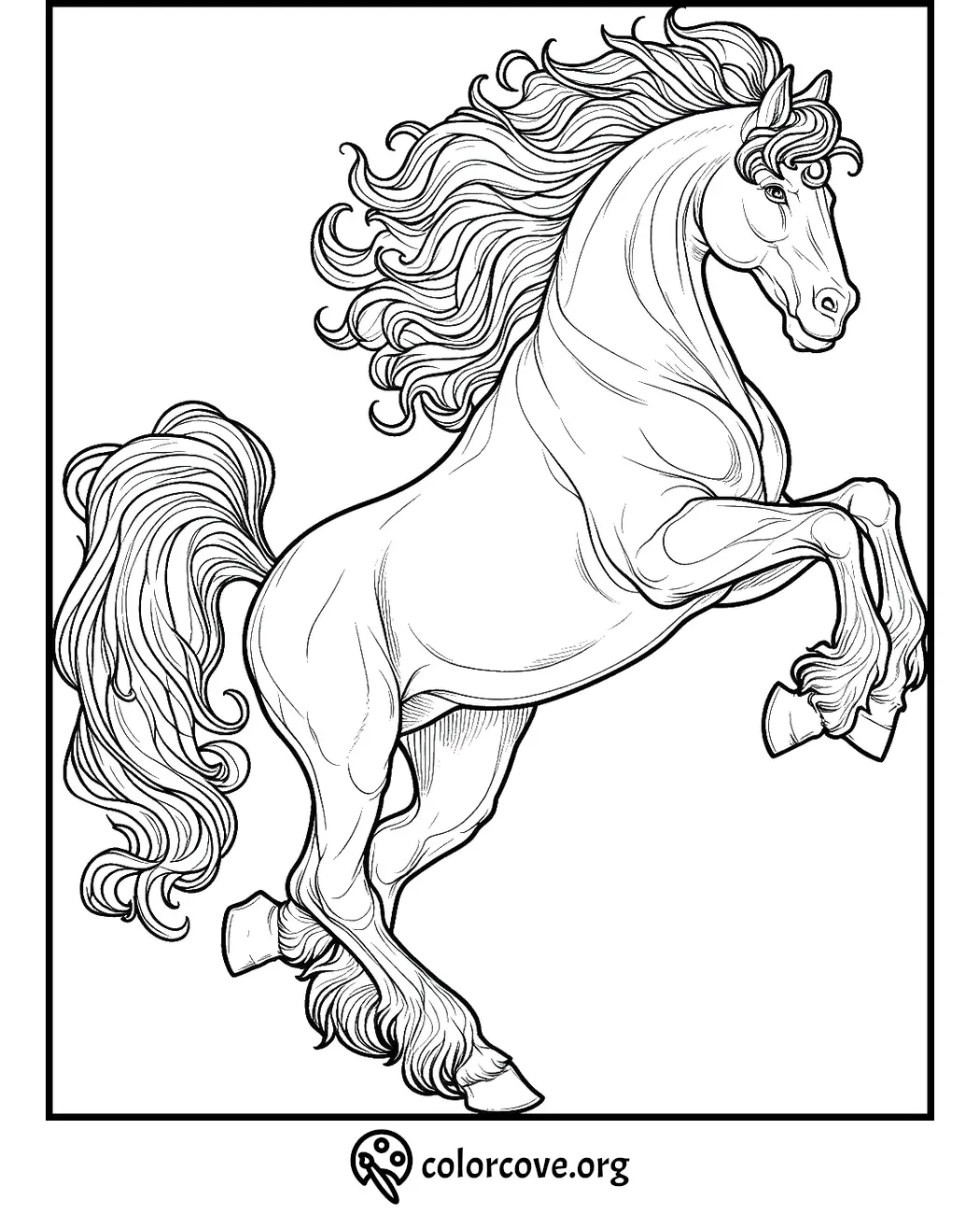 Majestic horse rearing coloring page with flowing mane, detailed line art, perfect for kids and adults to color.