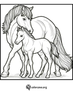 Horse and foal coloring page - mother horse nurturing young. Printable animal illustration for kids.