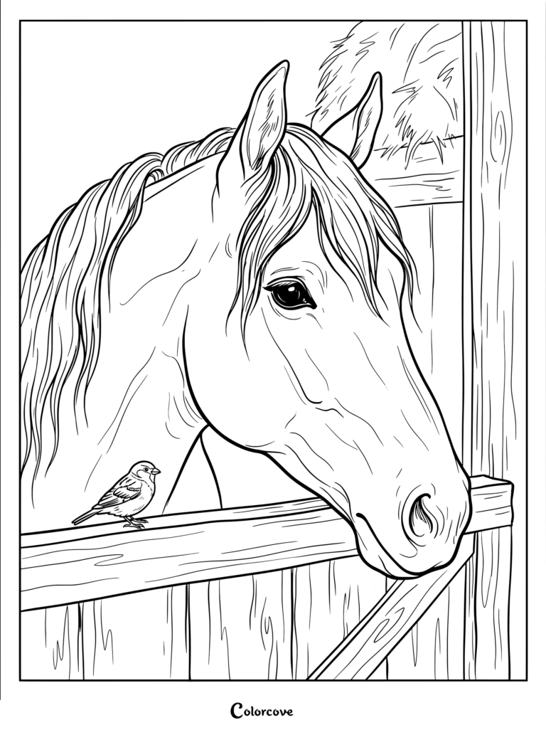 Realistic Horse coloring page featuring a horse in a stable with a small bird on the fence.