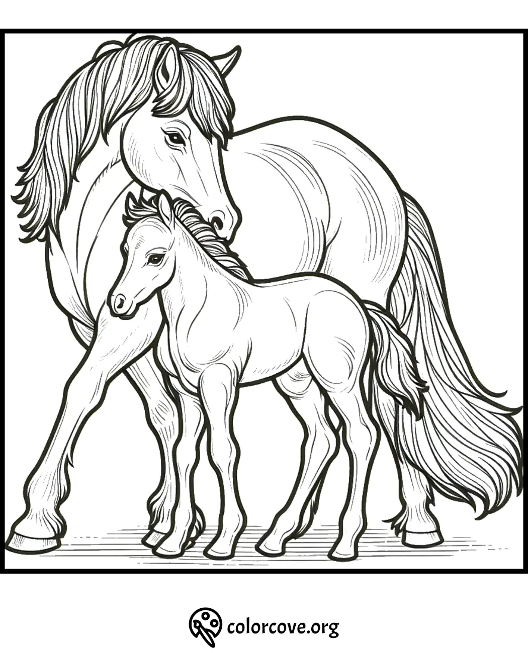 Horse and foal coloring page - mother horse nurturing young. Printable animal illustration for kids.