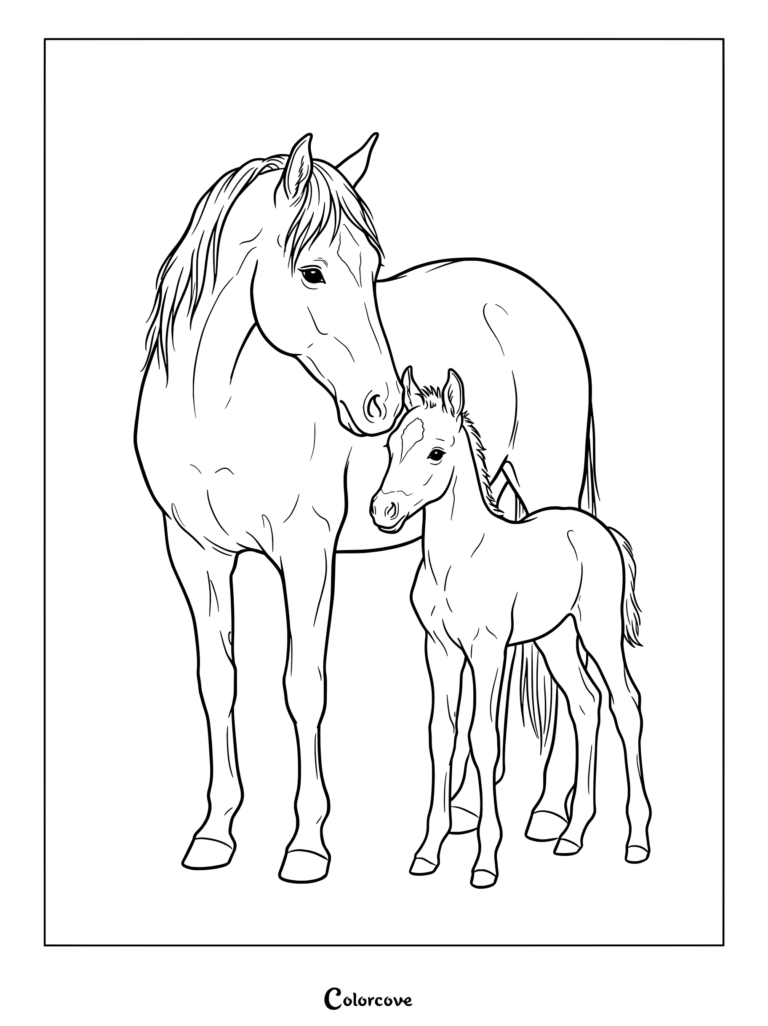 Realistic Horse coloring page featuring a protective mare standing closely with her adorable newborn foal.