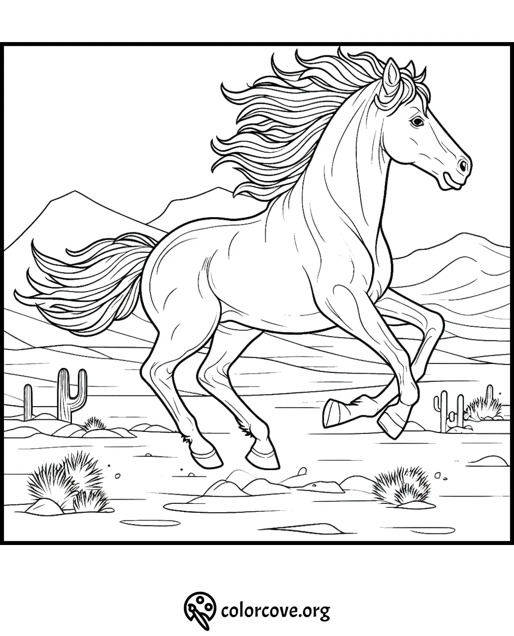 Majestic horse running through desert landscape coloring page with mountains and cacti in background.