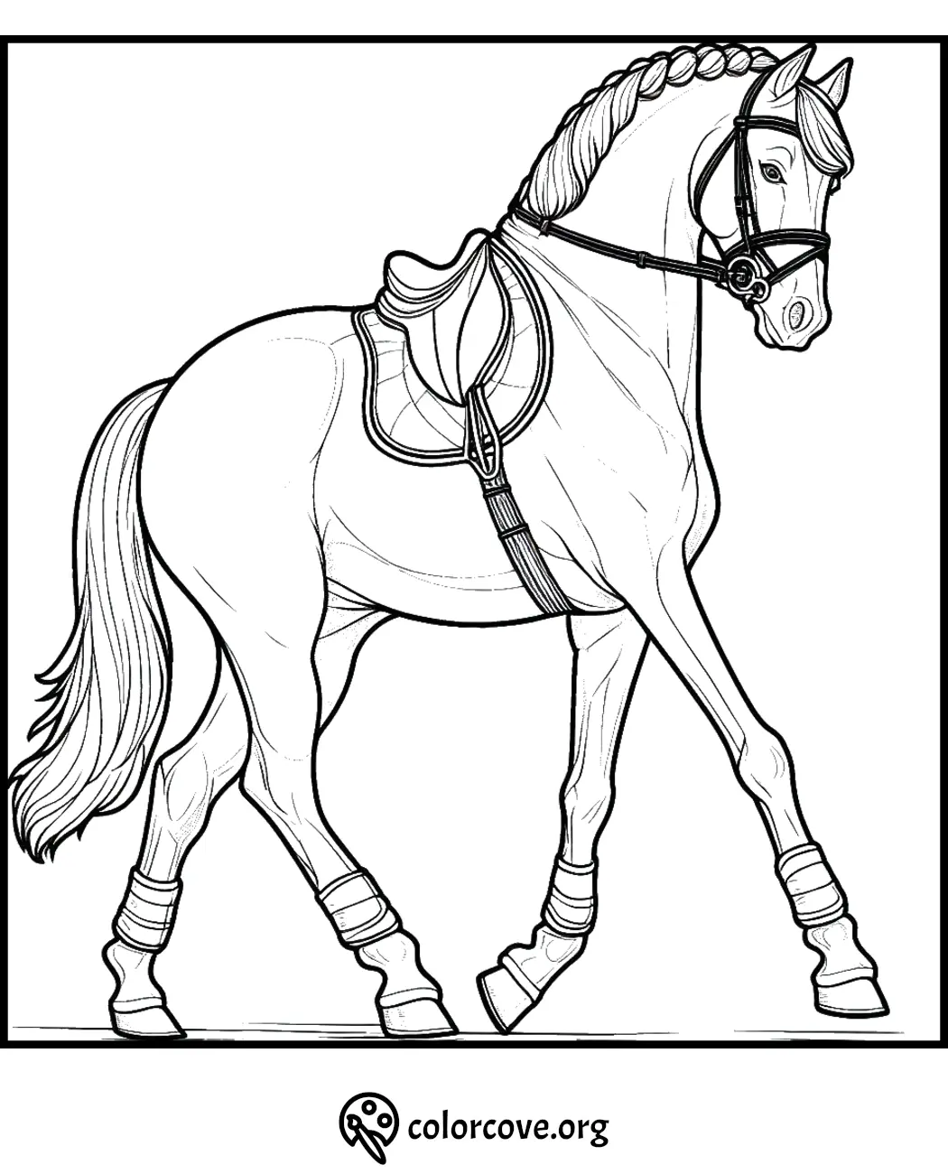 Coloring page of a horse with saddle and bridle in a trotting pose. Perfect for kids and horse lovers to color.