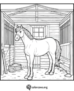 Horse coloring page in a stable with detailed wooden textures and hay for kids and adults.