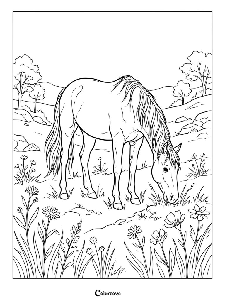 Realistic Horse coloring page of a horse grazing in a meadow filled with wildflowers.