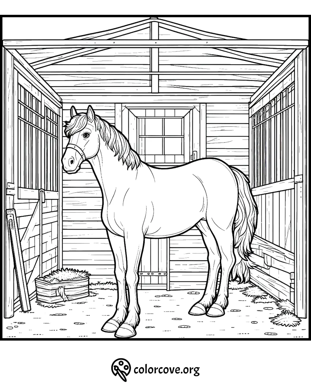 Horse coloring page in a stable with detailed wooden textures and hay for kids and adults.