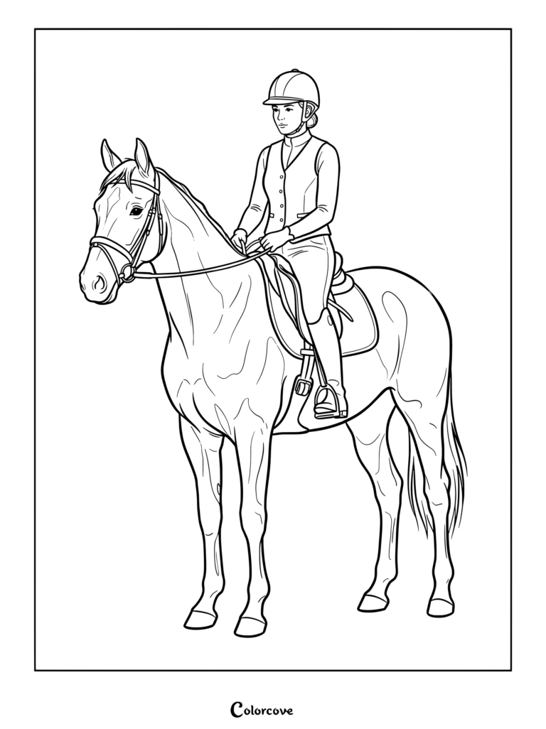 An equestrian rider in a helmet and vest sitting on a Realistic Horse coloring page.