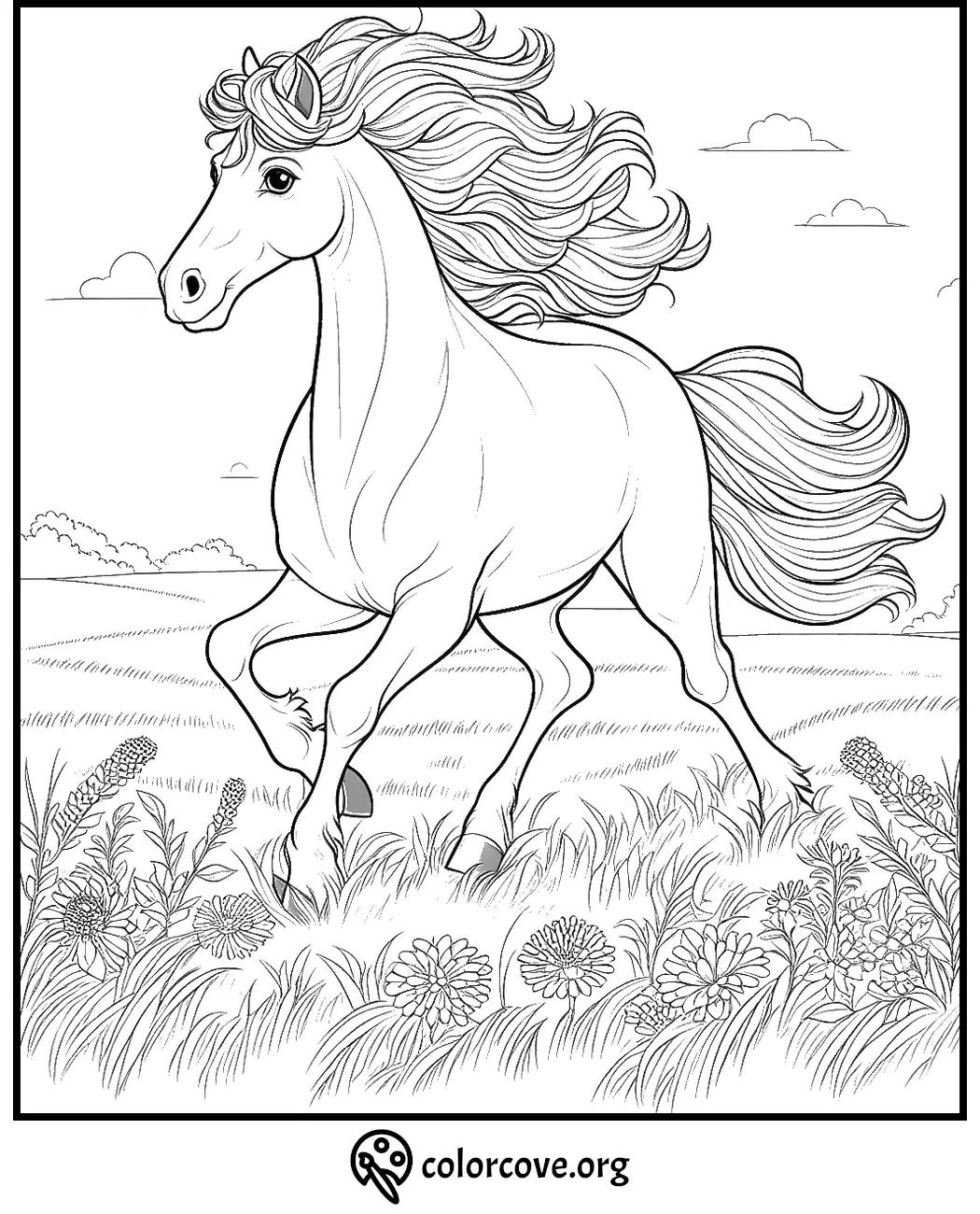 Horse coloring page: A majestic horse gallops through a flower-filled meadow under a bright, cloudy sky.