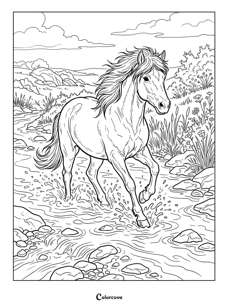 Realistic Horse coloring page of a horse splashing through a shallow river with scenic hills in the background.