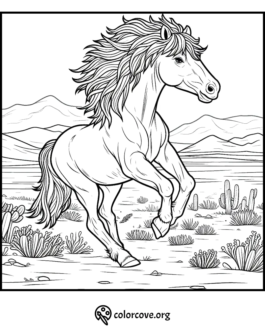 Wild horse coloring page with desert landscape, cacti, and mountains in the background. Perfect for kids and adults.