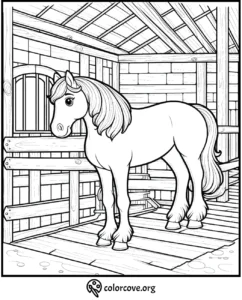 Cute horse coloring page in a barn setting for kids' creativity and fun coloring activities.
