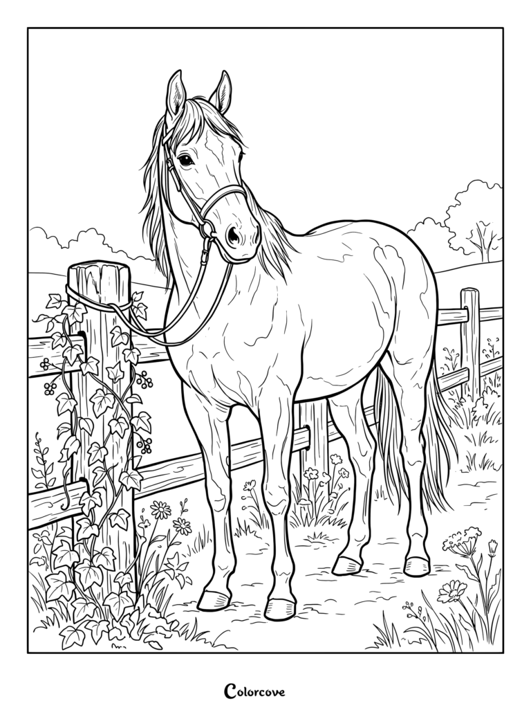 Realistic Horse coloring page featuring a bridle-wearing animal standing beside an ivy-covered wooden fence in a pasture.