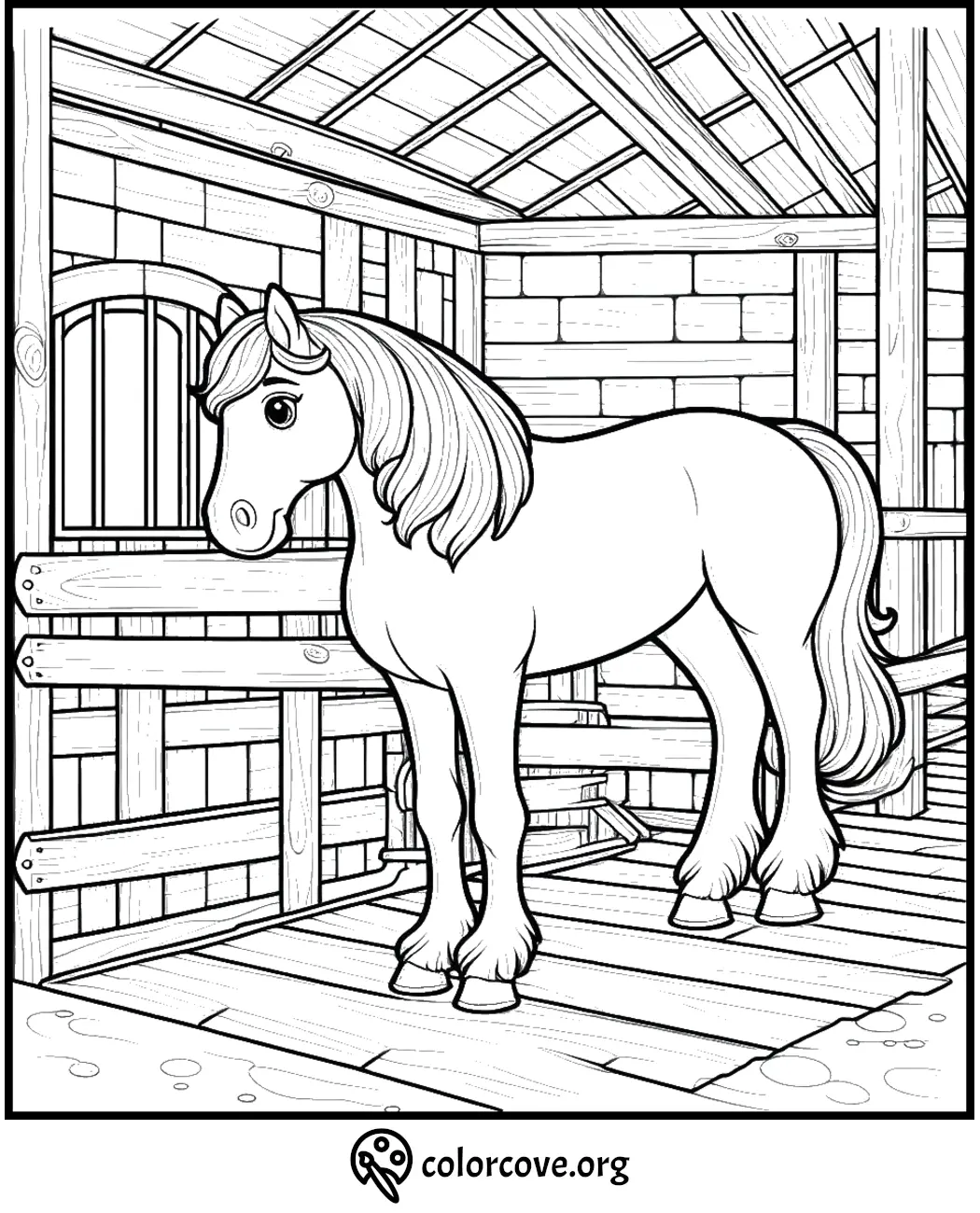 Cute horse coloring page in a barn setting for kids' creativity and fun coloring activities.