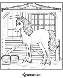 Horse in a stable coloring page with feed buckets, ideal for kids' activities.
