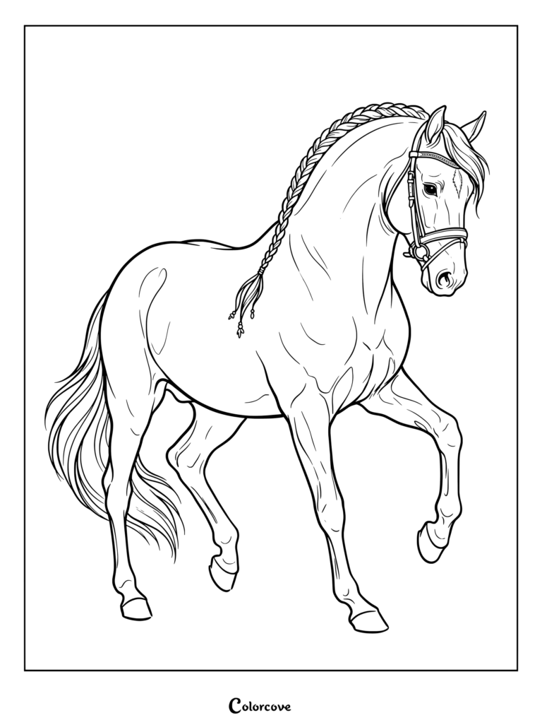 Realistic Horse coloring page showing an elegant animal with a braided mane and bridle.