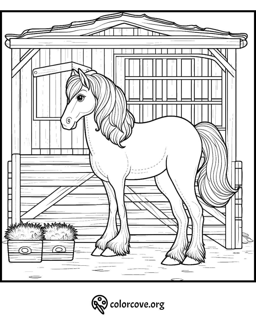 Horse in a stable coloring page with feed buckets, ideal for kids' activities.