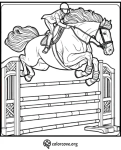 Equestrian coloring page featuring horse and rider jumping over a hurdle. Perfect for horse lovers and coloring enthusiasts.