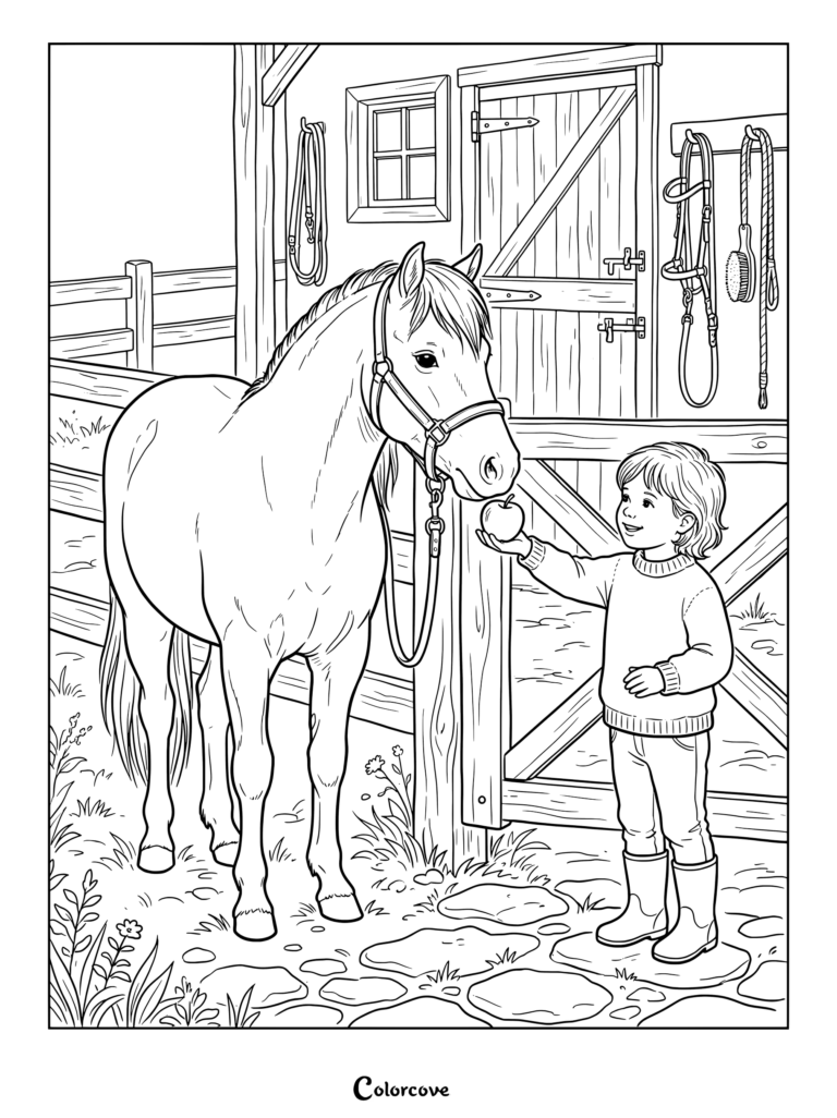 Realistic Horse coloring page showing a young boy feeding an apple to a harnessed horse inside a rustic stable.