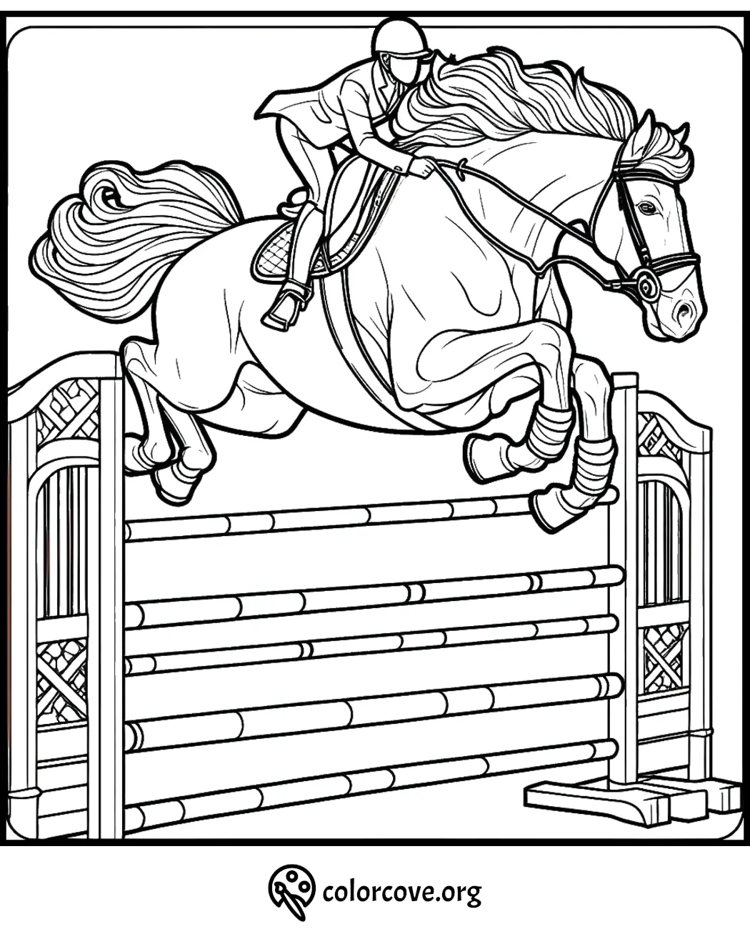 Equestrian coloring page featuring horse and rider jumping over a hurdle. Perfect for horse lovers and coloring enthusiasts.