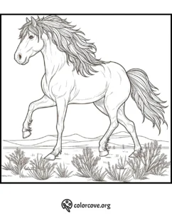 A detailed horse coloring page with flowing mane, perfect for kids and adults to color in.