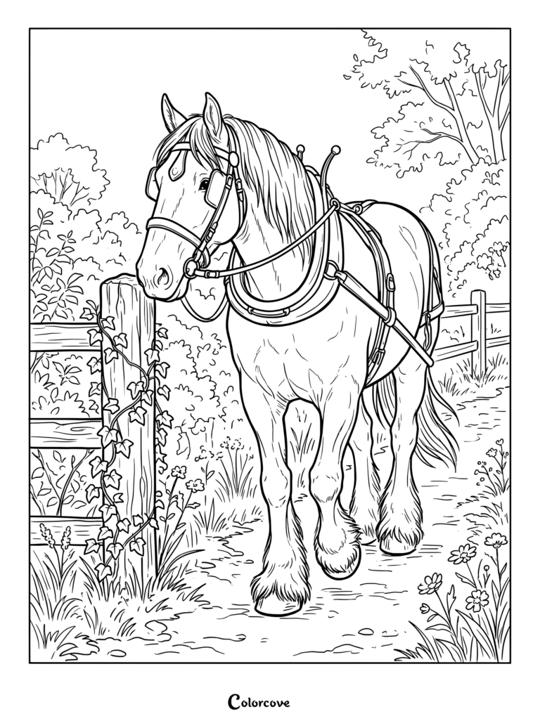 Detailed realistic horse wearing work harness walking past a wooden fence on a path coloring page