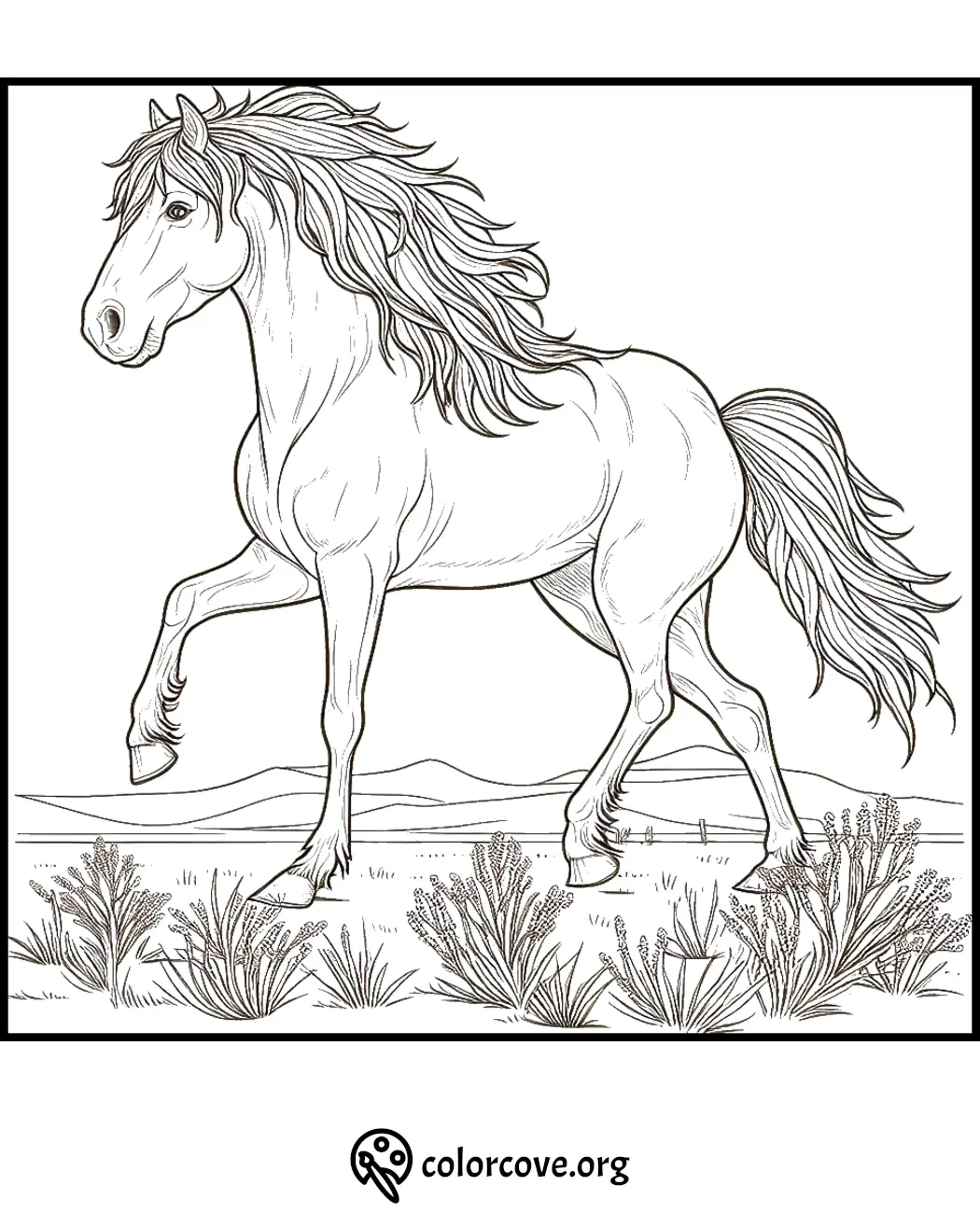 A detailed horse coloring page with flowing mane, perfect for kids and adults to color in.