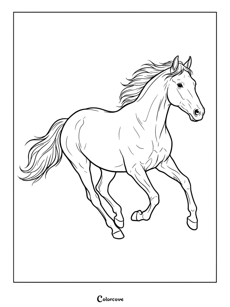 Realistic Horse coloring page featuring a powerful stallion galloping with a flowing mane.
