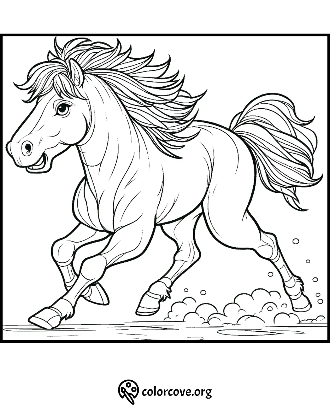 Coloring page of a galloping horse with flowing mane and tail, designed for kids and horse enthusiasts.