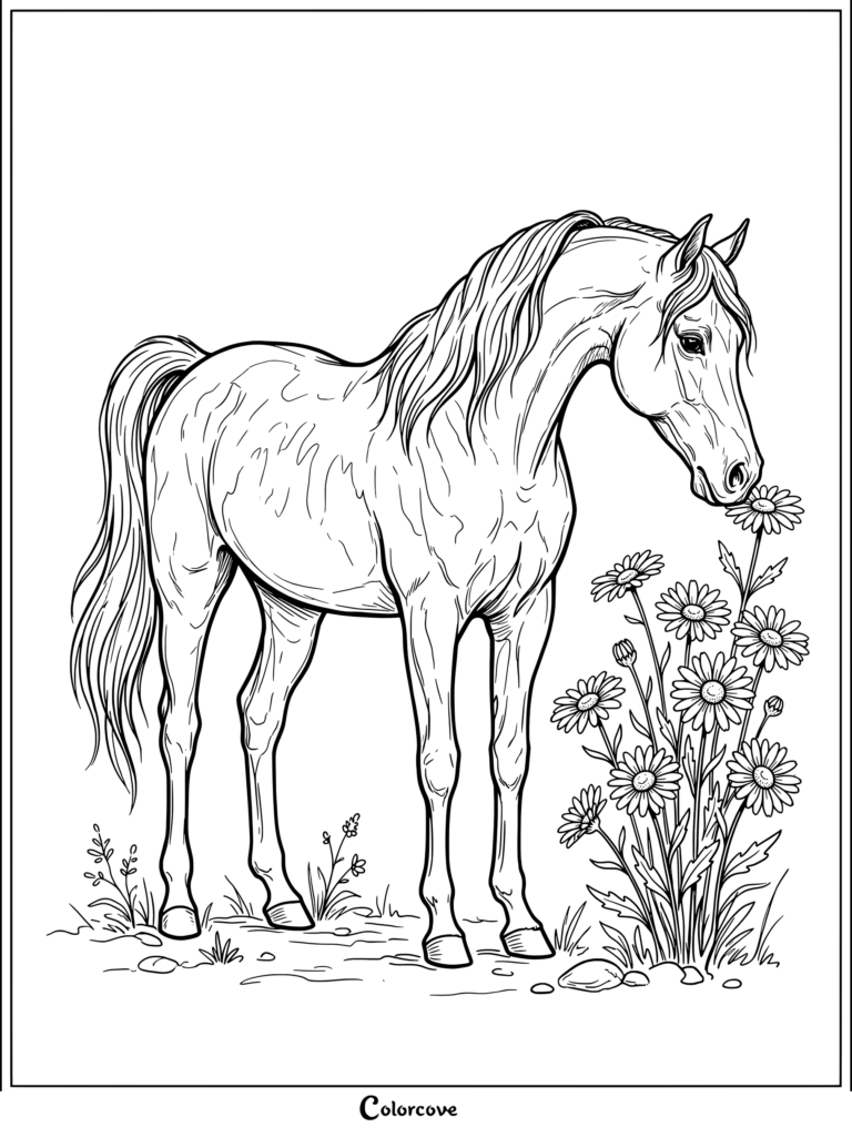 Detailed realistic horse coloring page featuring the animal smelling a patch of wild daisies.