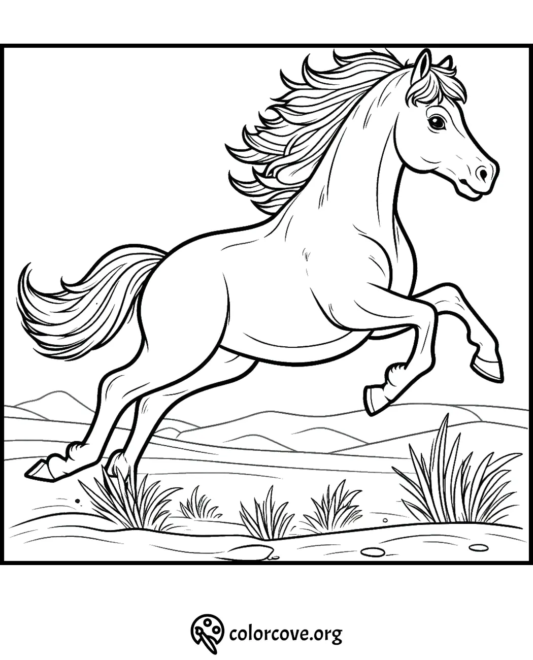 Coloring page of a galloping horse in a scenic landscape, perfect for kids and adults to color creatively.