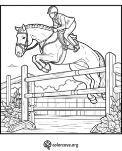Horse jumping coloring page with rider over a fence, detailed line art for kids and adults.