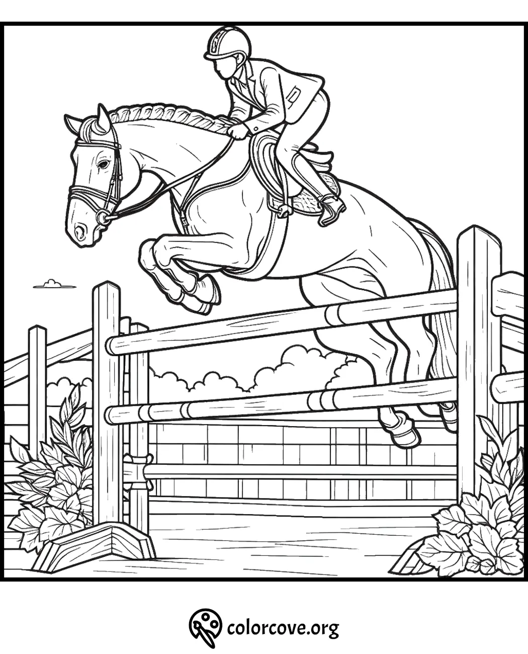 Horse jumping coloring page with rider over a fence, detailed line art for kids and adults.