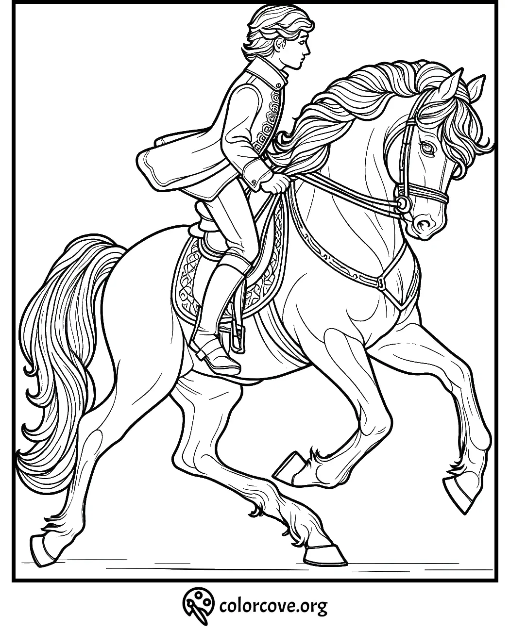 Man in elegant attire riding a horse coloring page for kids and adults. Perfect for relaxation and creativity.