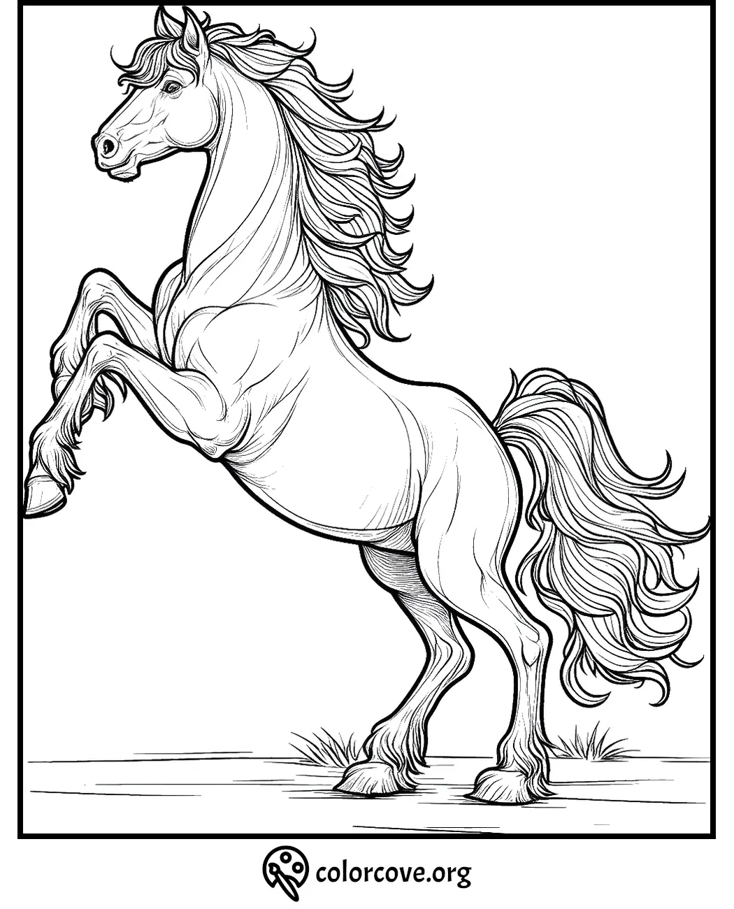 Majestic horse rearing coloring page, detailed line art for kids and adults to color. Perfect for creative fun.