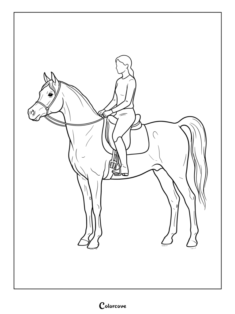Detailed realistic horse coloring page showing a woman riding a saddled horse.