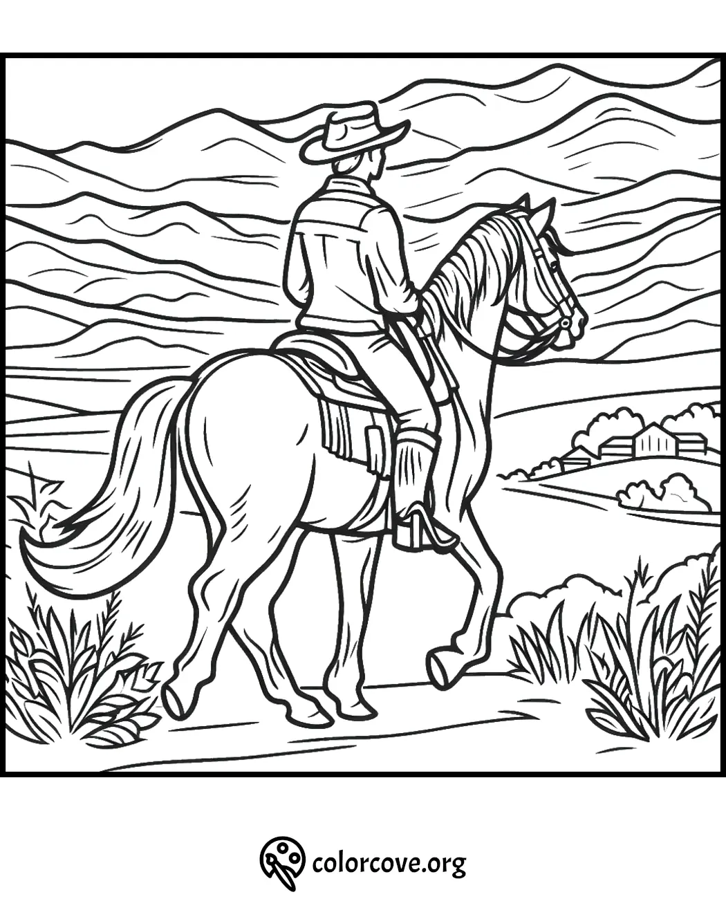 Cowboy rides horse through serene landscape, mountains in background. Coloring page.