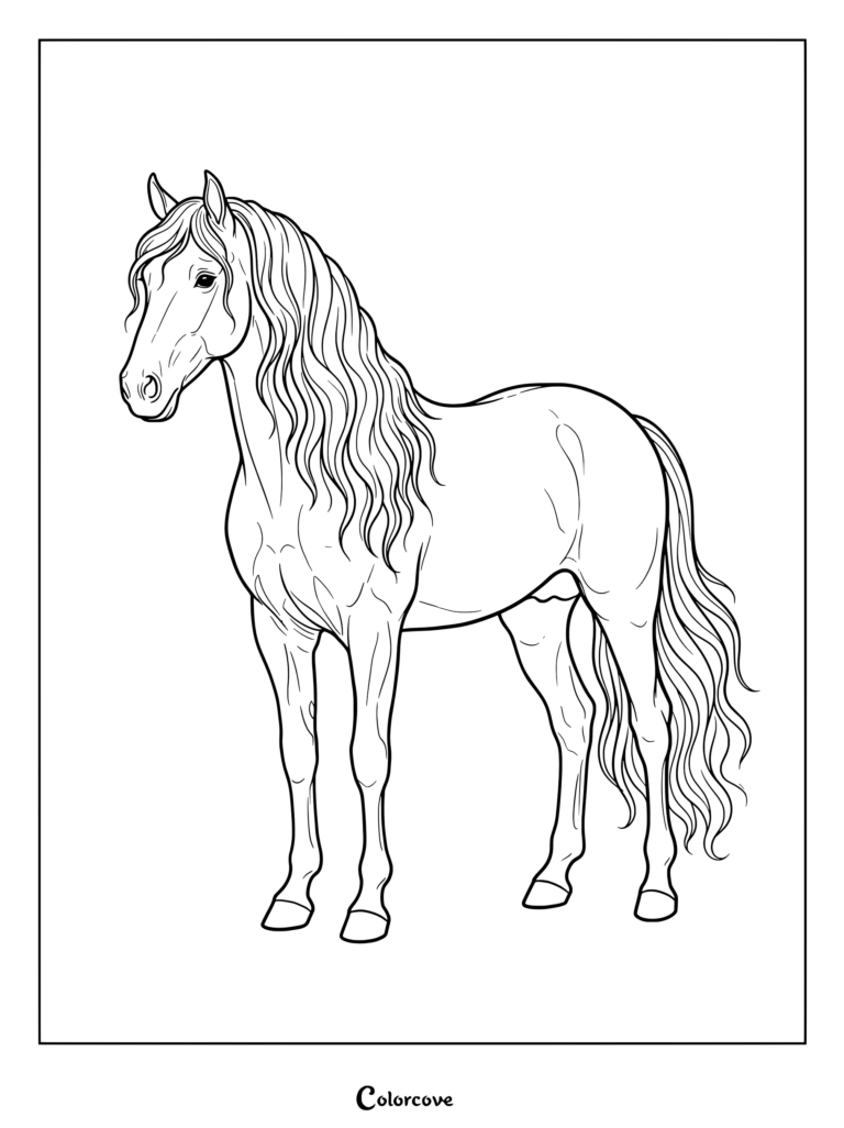 Realistic Horse coloring page featuring a majestic stallion with a long flowing mane standing proudly.