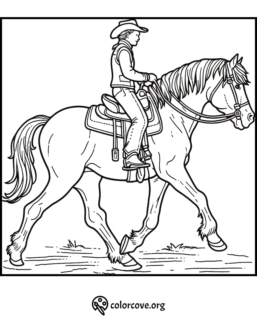 Coloring page of a cowboy riding a horse, perfect for kids to enjoy coloring and learning about western themes.