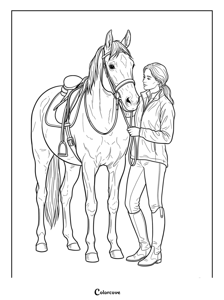 Realistic Horse coloring page showing a young woman holding the reins of a saddled horse.